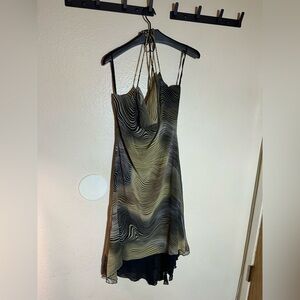 Vintage U.V.A. y2k green swirl hi low bias cut dress